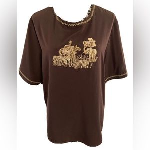 bon worth Top Blouse L Brown Short Sleeve Animal Safari Print